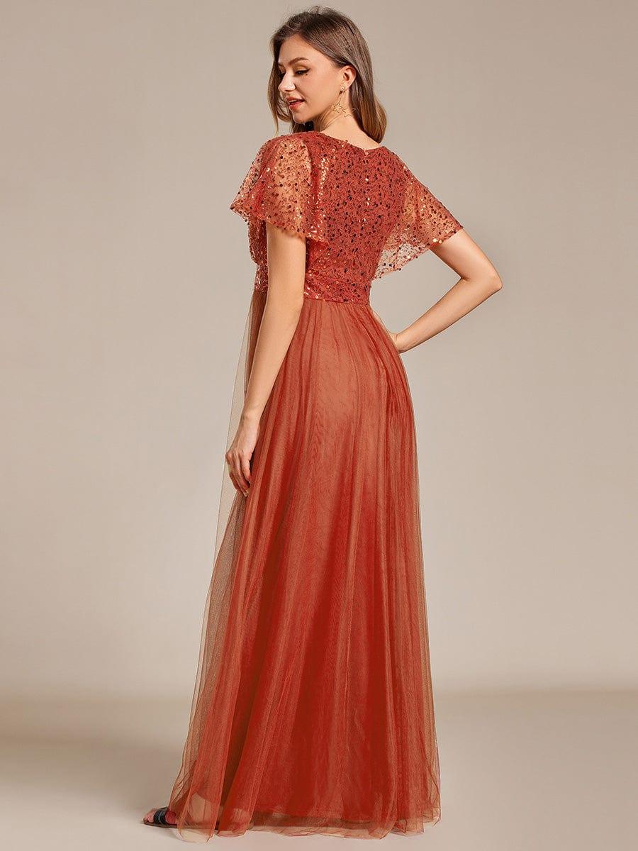 A-Line Short Sleeve Tulle Evening Dress with Sequin Embellishments #color_Burnt Orange