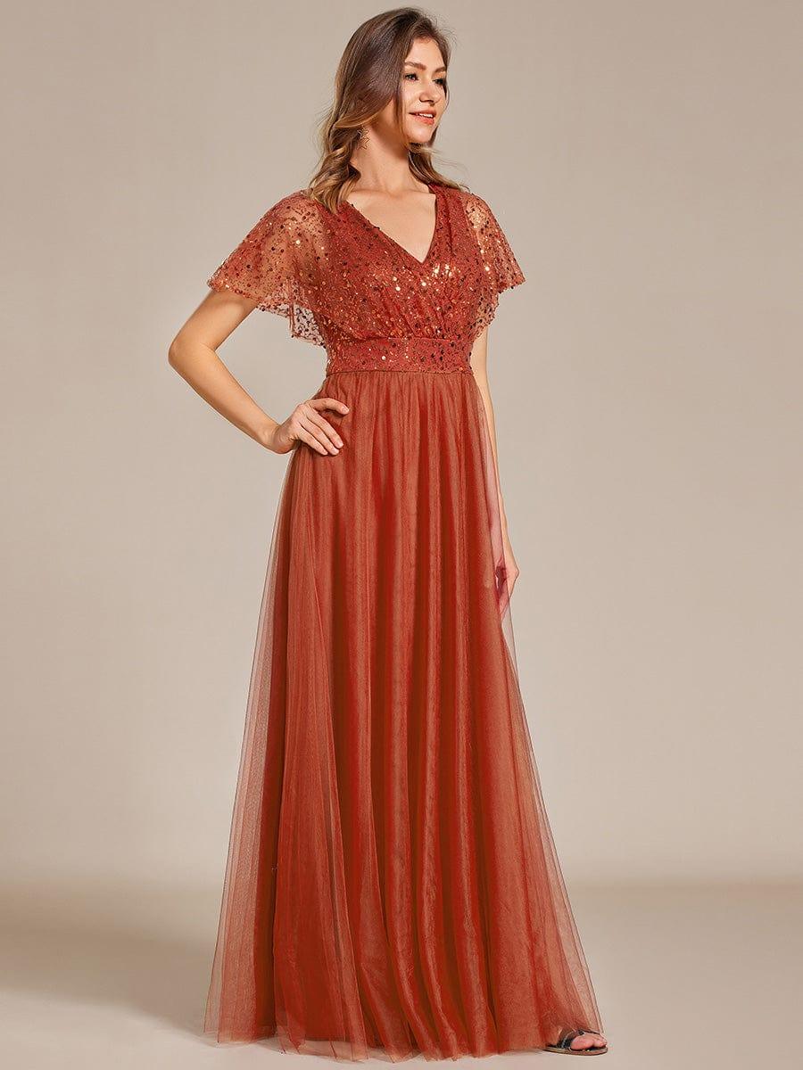A-Line Short Sleeve Tulle Evening Dress with Sequin Embellishments #color_Burnt Orange