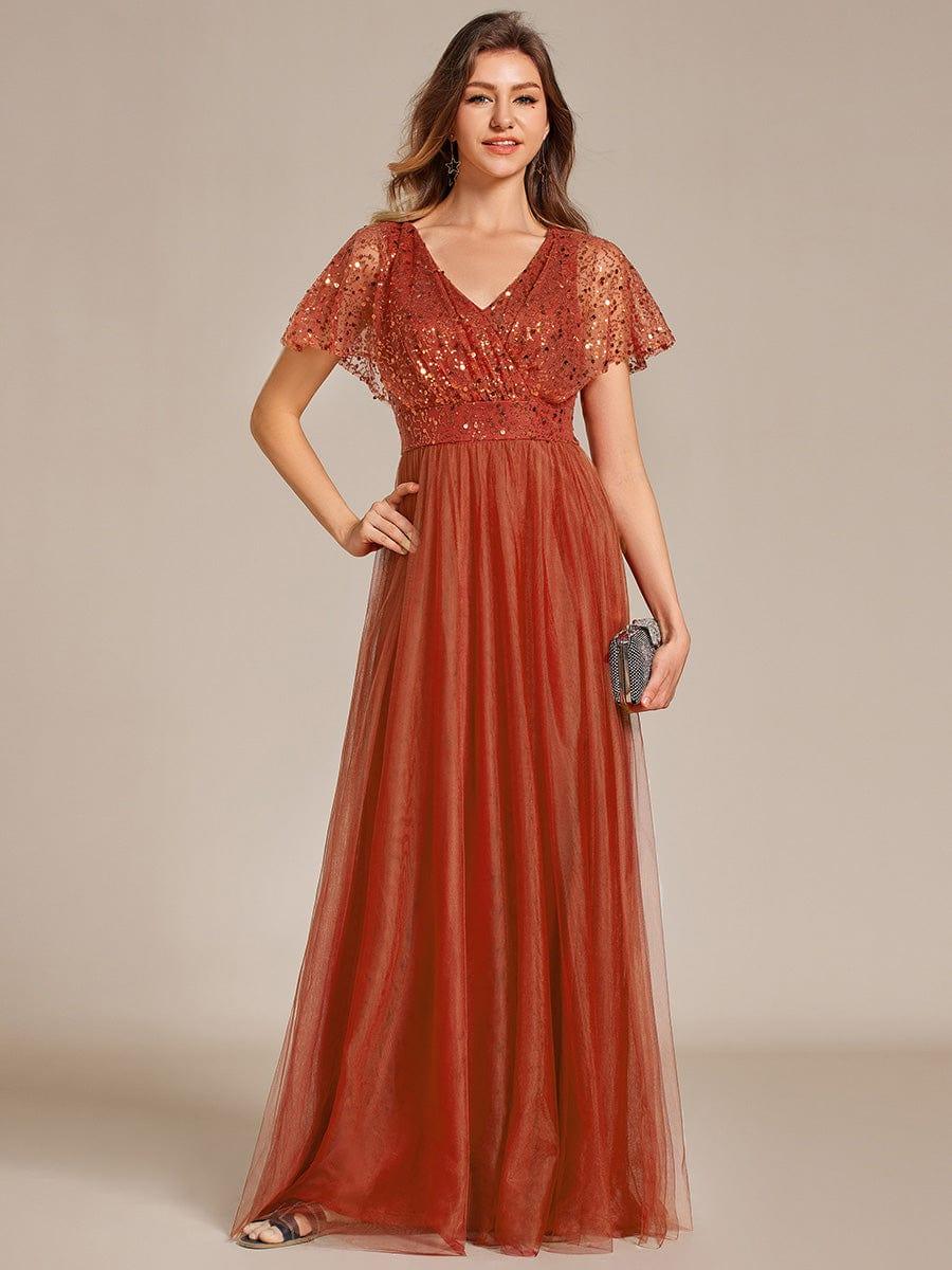 A-Line Short Sleeve Tulle Evening Dress with Sequin Embellishments #color_Burnt Orange