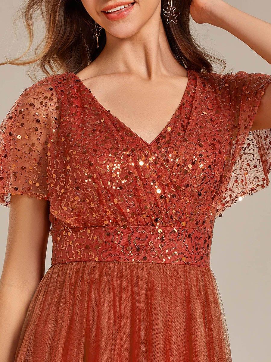 A-Line Short Sleeve Tulle Evening Dress with Sequin Embellishments #color_Burnt Orange