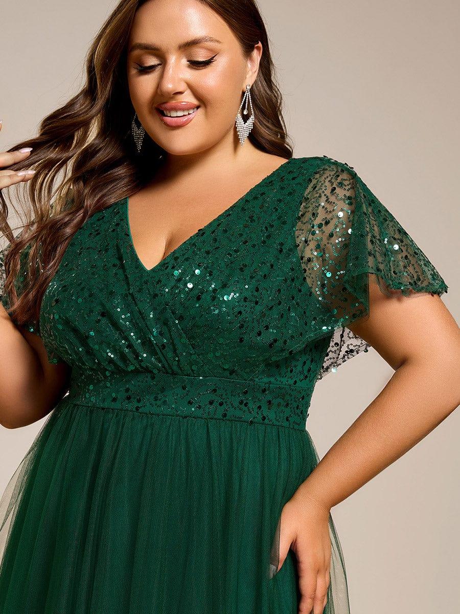 A-Line Short Sleeve Tulle Evening Dress with Sequin Embellishments #color_Dark Green