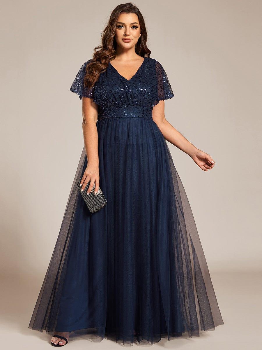 A-Line Short Sleeve Tulle Evening Dress with Sequin Embellishments #color_Navy Blue