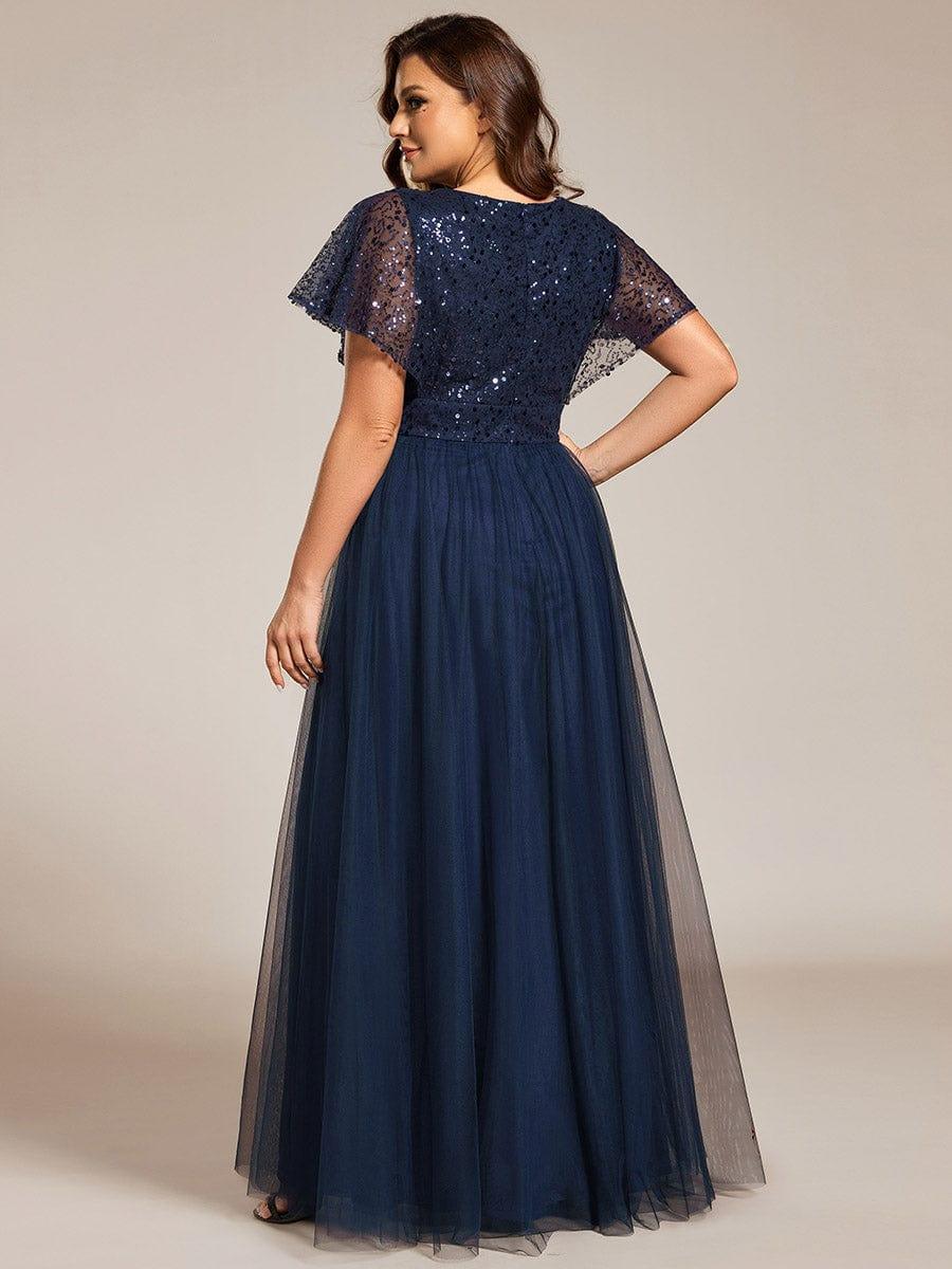 A-Line Short Sleeve Tulle Evening Dress with Sequin Embellishments #color_Navy Blue