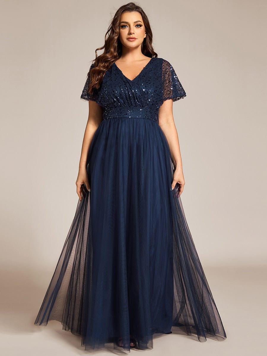 A-Line Short Sleeve Tulle Evening Dress with Sequin Embellishments #color_Navy Blue