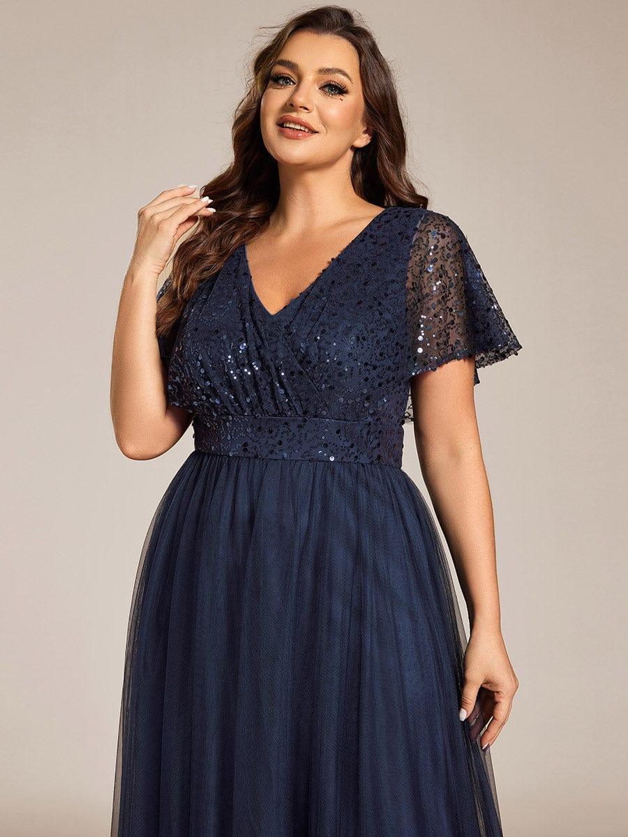 A-Line Short Sleeve Tulle Evening Dress with Sequin Embellishments #color_Navy Blue