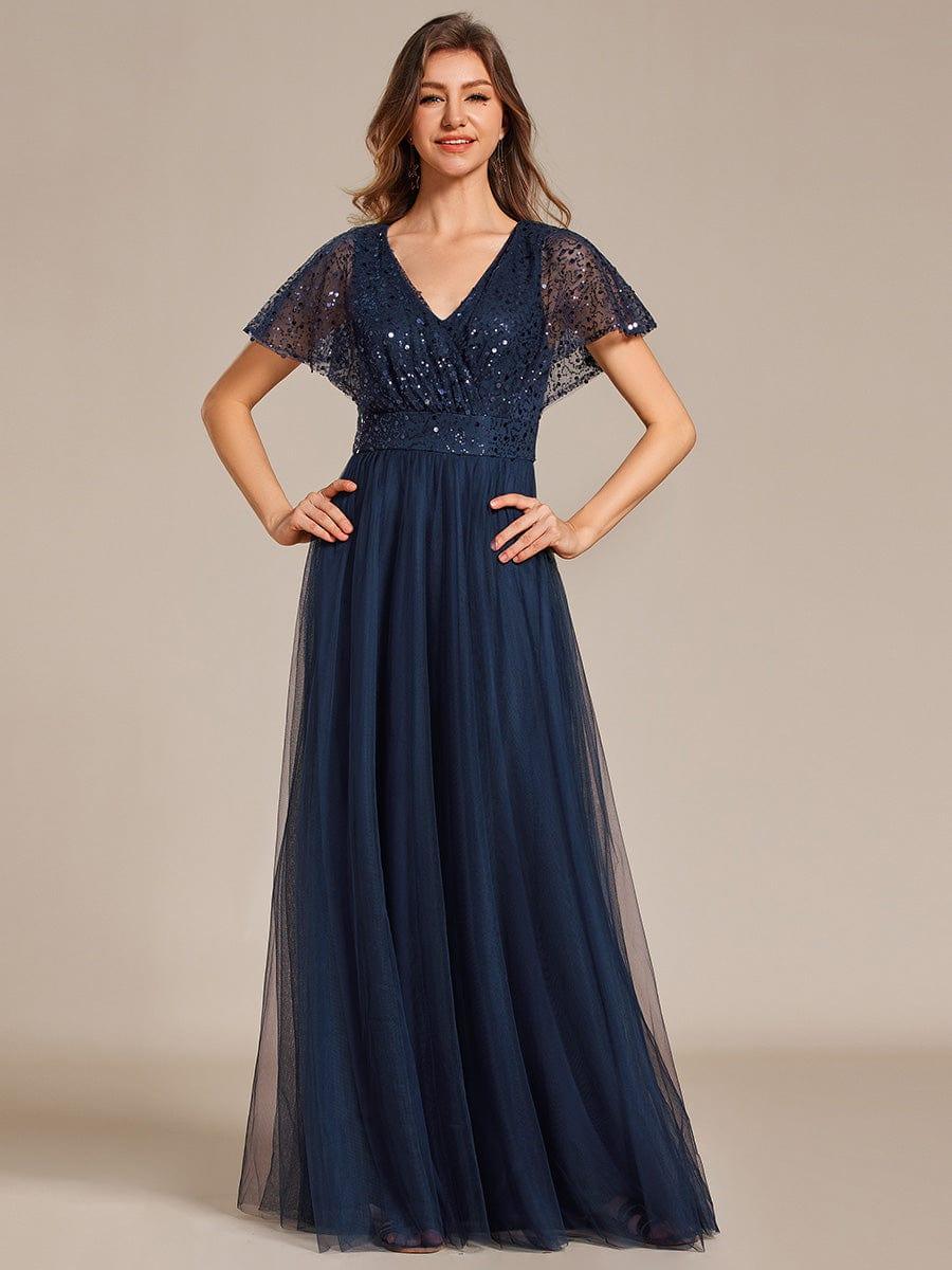 A-Line Short Sleeve Tulle Evening Dress with Sequin Embellishments #color_Navy Blue