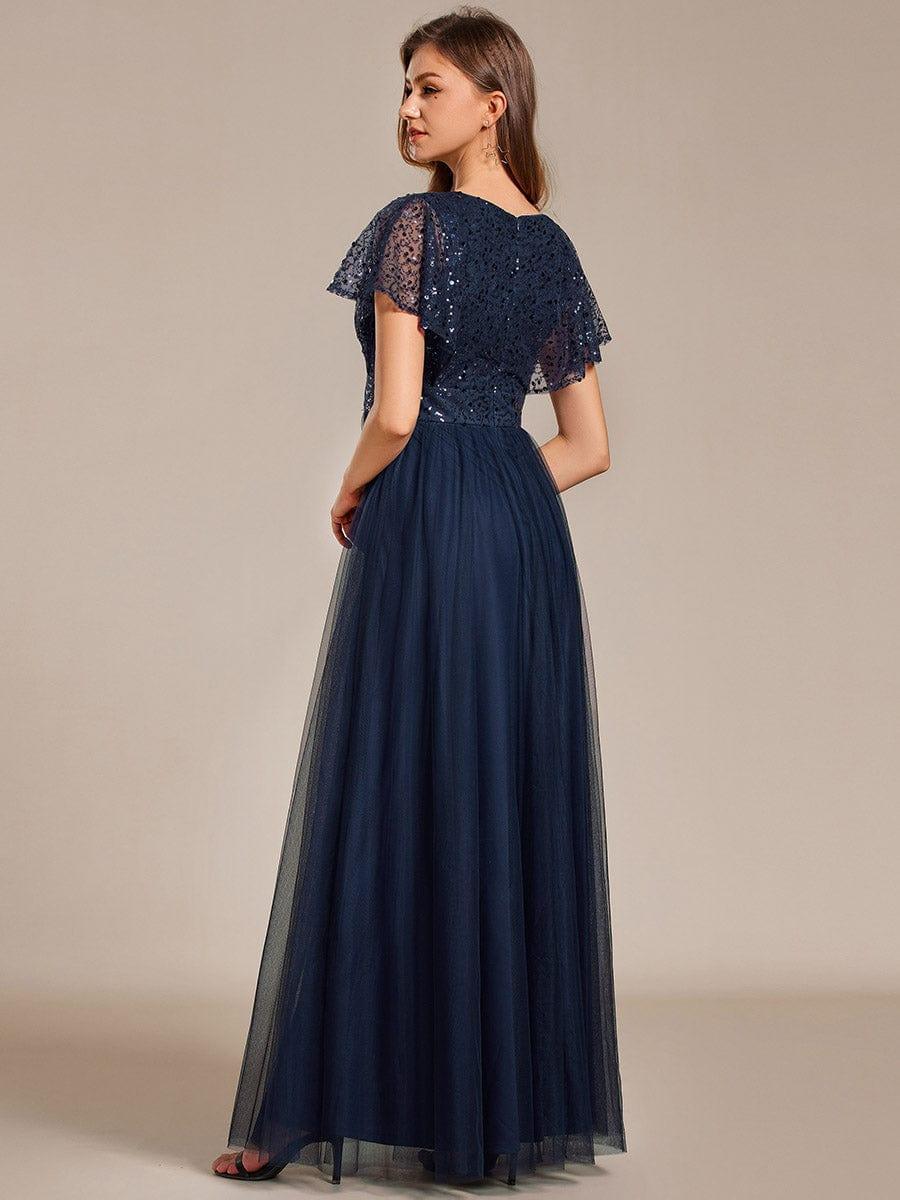 A-Line Short Sleeve Tulle Evening Dress with Sequin Embellishments #color_Navy Blue