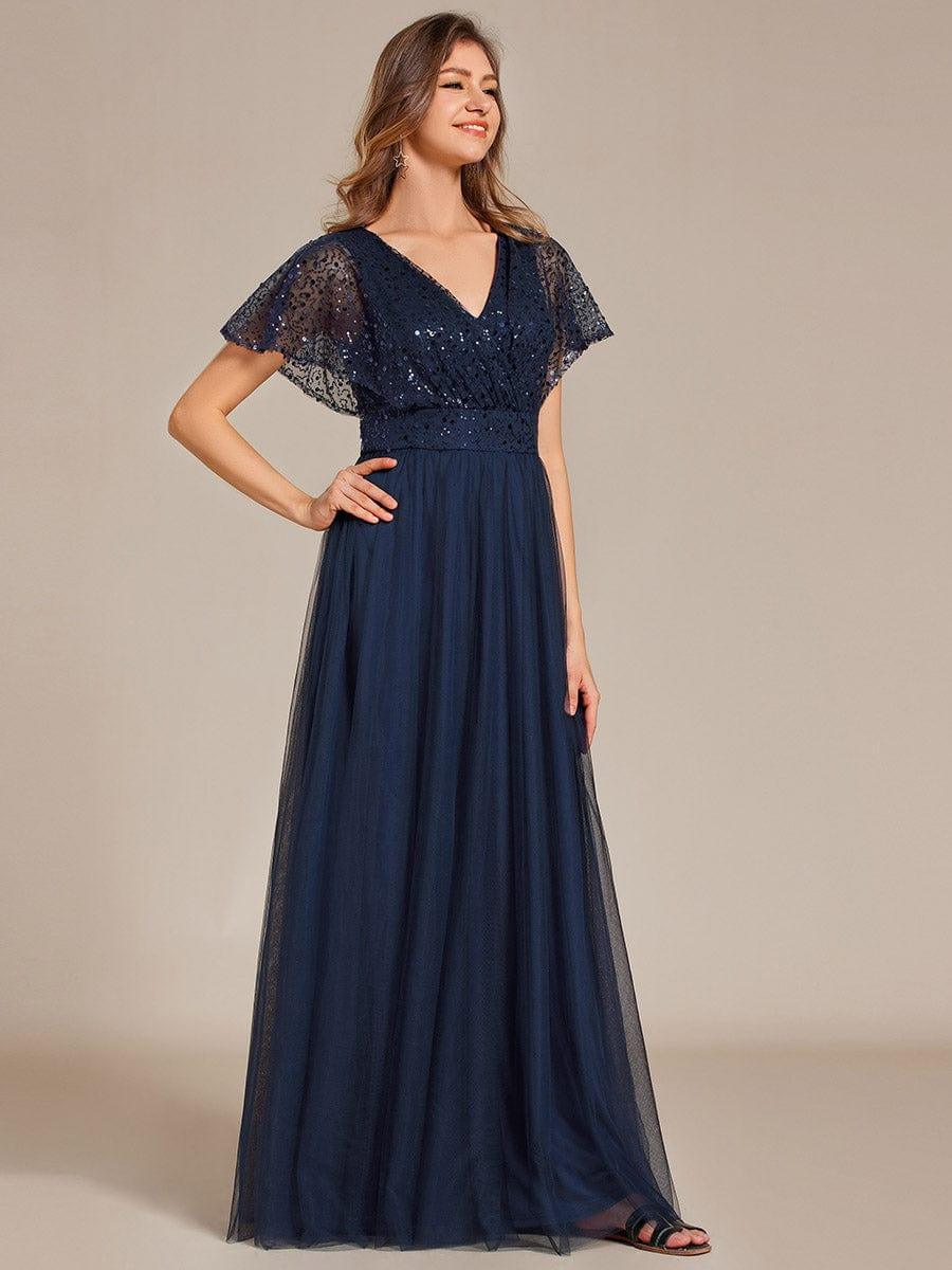 A-Line Short Sleeve Tulle Evening Dress with Sequin Embellishments #color_Navy Blue