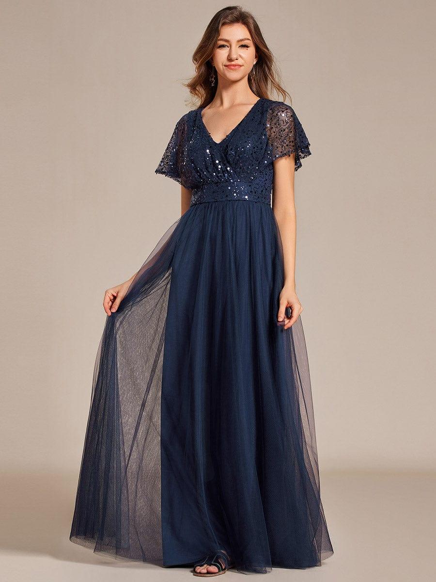 A-Line Short Sleeve Tulle Evening Dress with Sequin Embellishments #color_Navy Blue