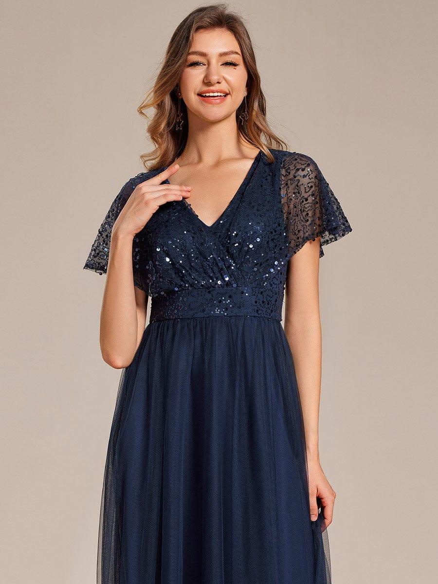 A-Line Short Sleeve Tulle Evening Dress with Sequin Embellishments #color_Navy Blue