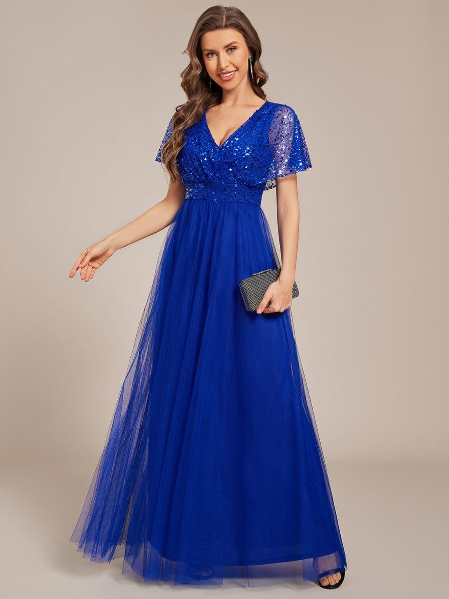 A-Line Short Sleeve Tulle Evening Dress with Sequin Embellishments #color_Sapphire Blue
