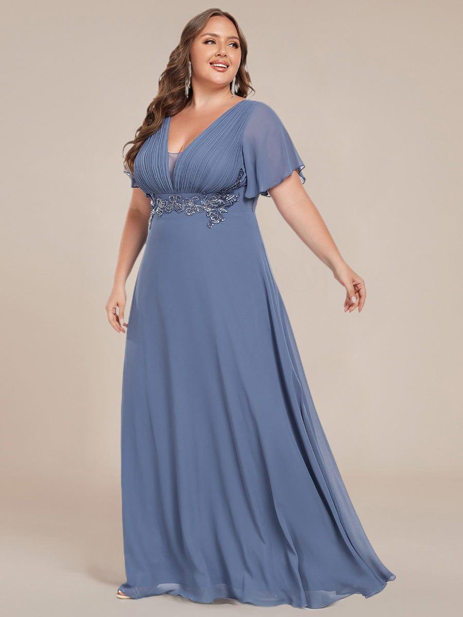 Deep V-Neck Empire Waist Applique Evening Maxi Dress With Pleats #color_Dusty Blue