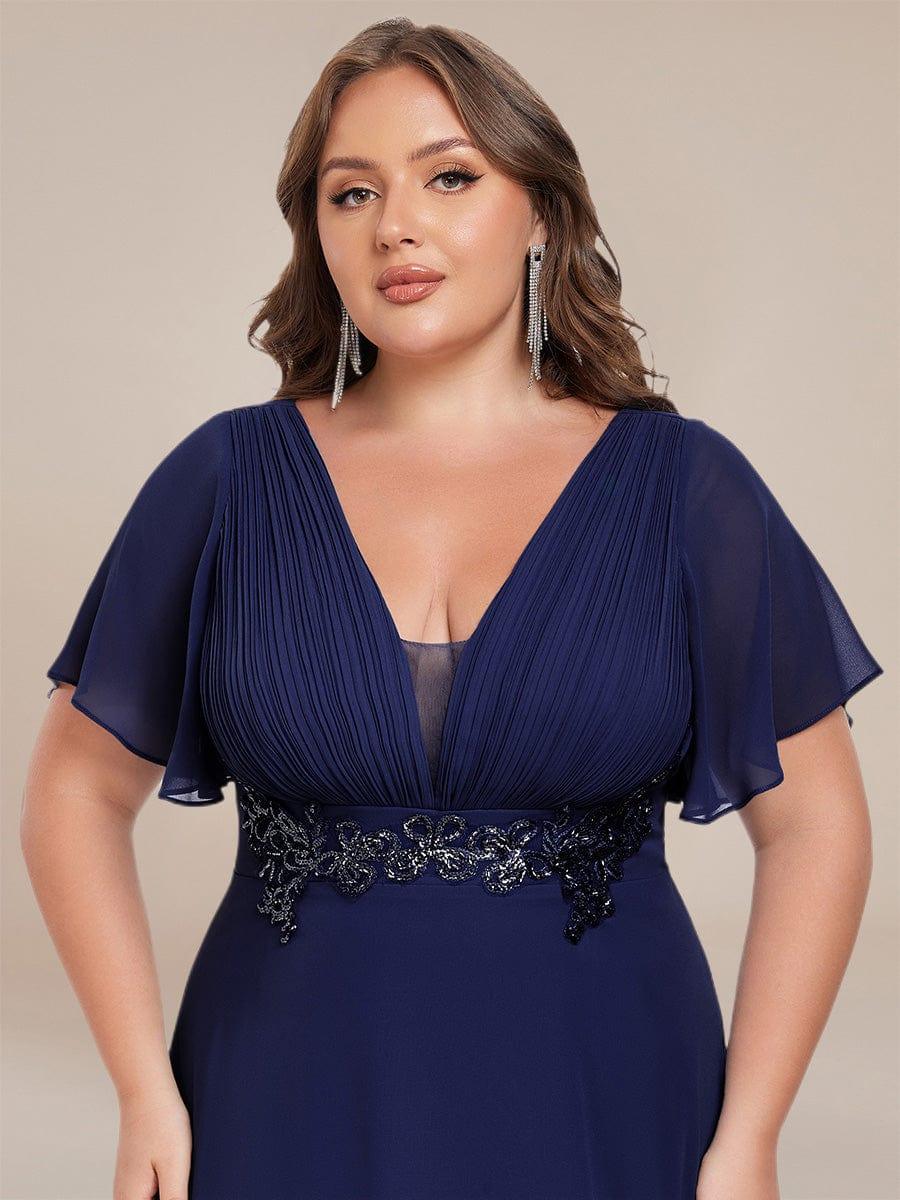 Deep V-Neck Empire Waist Applique Evening Maxi Dress With Pleats #color_Navy Blue