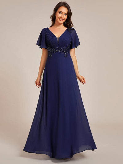 Deep V-Neck Empire Waist Applique Evening Maxi Dress With Pleats #color_Navy Blue