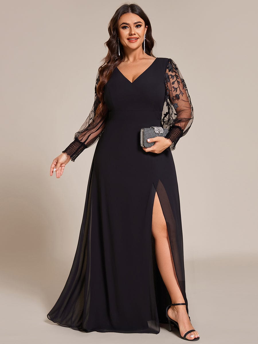 Thigh Split Chiffon Evening Maxi Dress With Sheer Embroidered Long Sleeves #color_Black