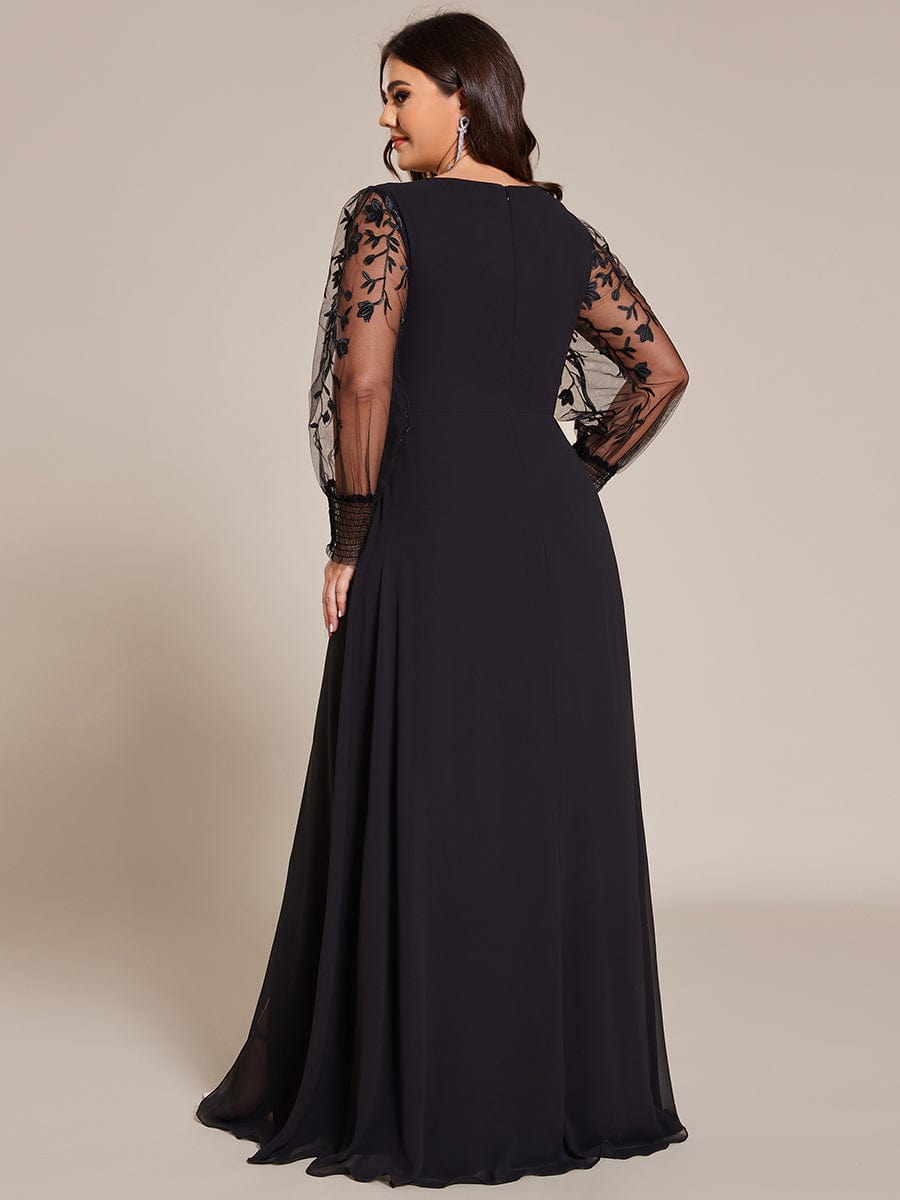 Thigh Split Chiffon Evening Maxi Dress With Sheer Embroidered Long Sleeves #color_Black