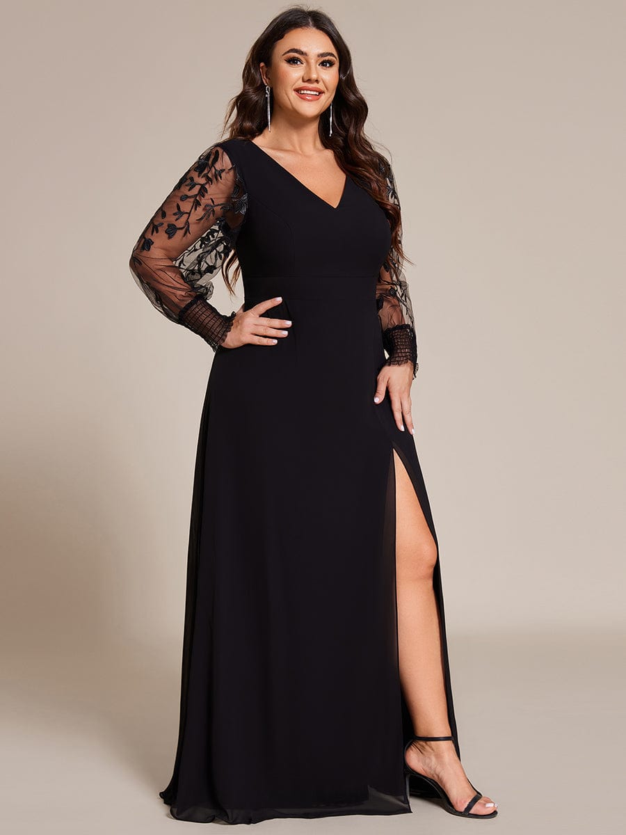 Thigh Split Chiffon Evening Maxi Dress With Sheer Embroidered Long Sleeves #color_Black