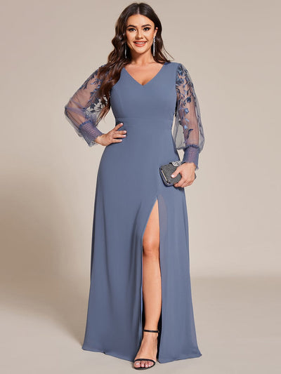 Thigh Split Chiffon Evening Maxi Dress With Sheer Embroidered Long Sleeves #color_Dusty Blue