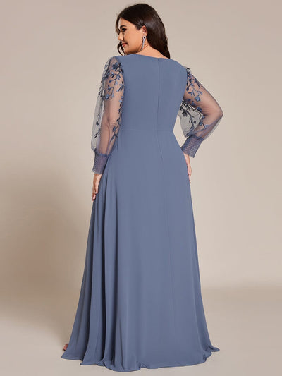 Thigh Split Chiffon Evening Maxi Dress With Sheer Embroidered Long Sleeves #color_Dusty Blue