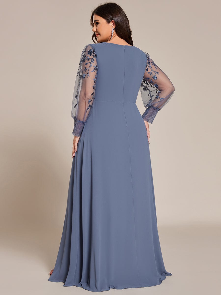 Thigh Split Chiffon Evening Maxi Dress With Sheer Embroidered Long Sleeves #color_Dusty Blue