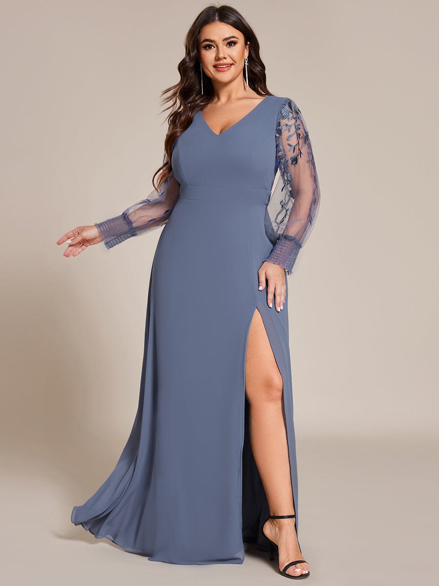 Thigh Split Chiffon Evening Maxi Dress With Sheer Embroidered Long Sleeves #color_Dusty Blue