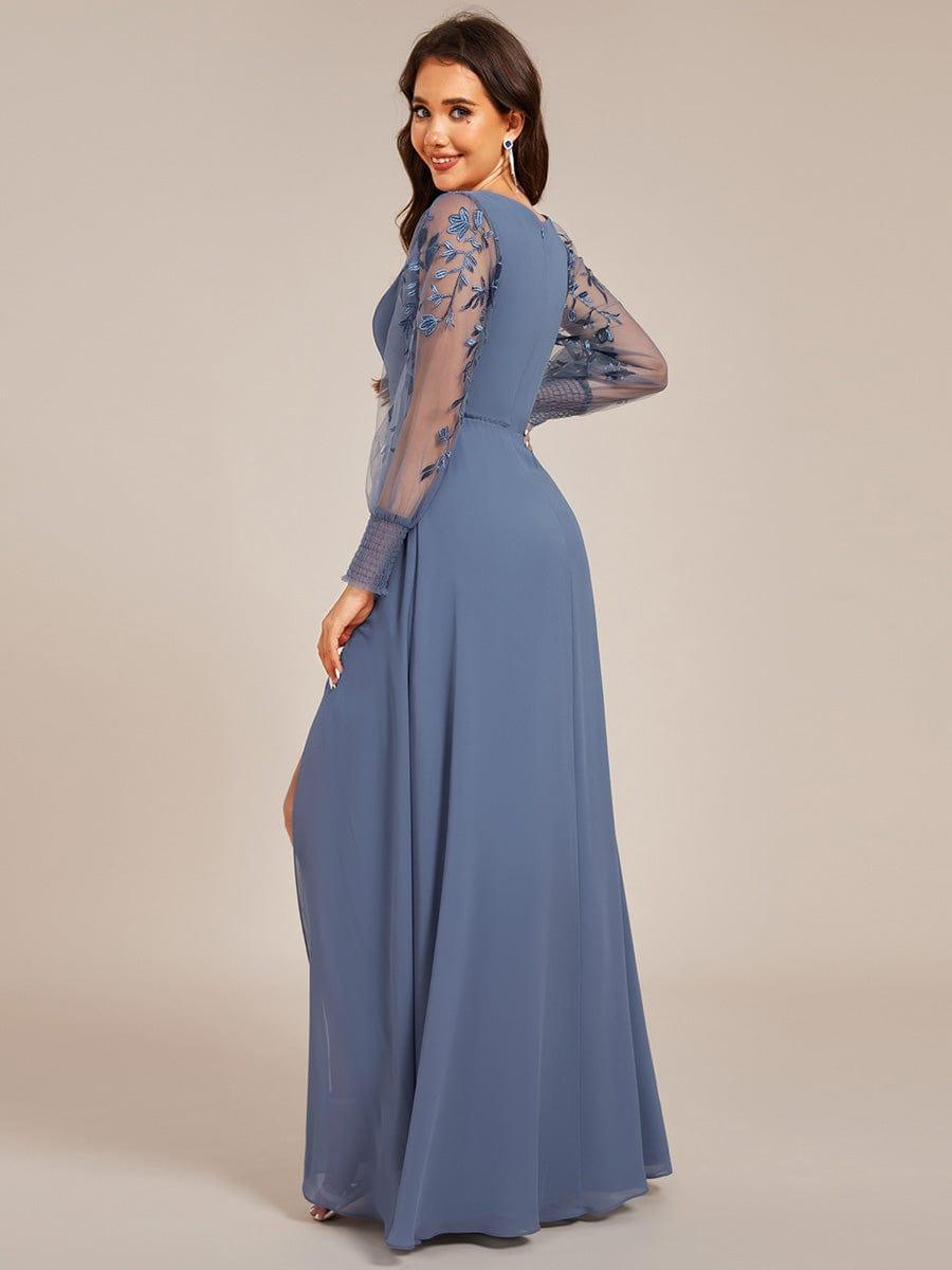 Thigh Split Chiffon Evening Maxi Dress With Sheer Embroidered Long Sleeves #color_Dusty Blue