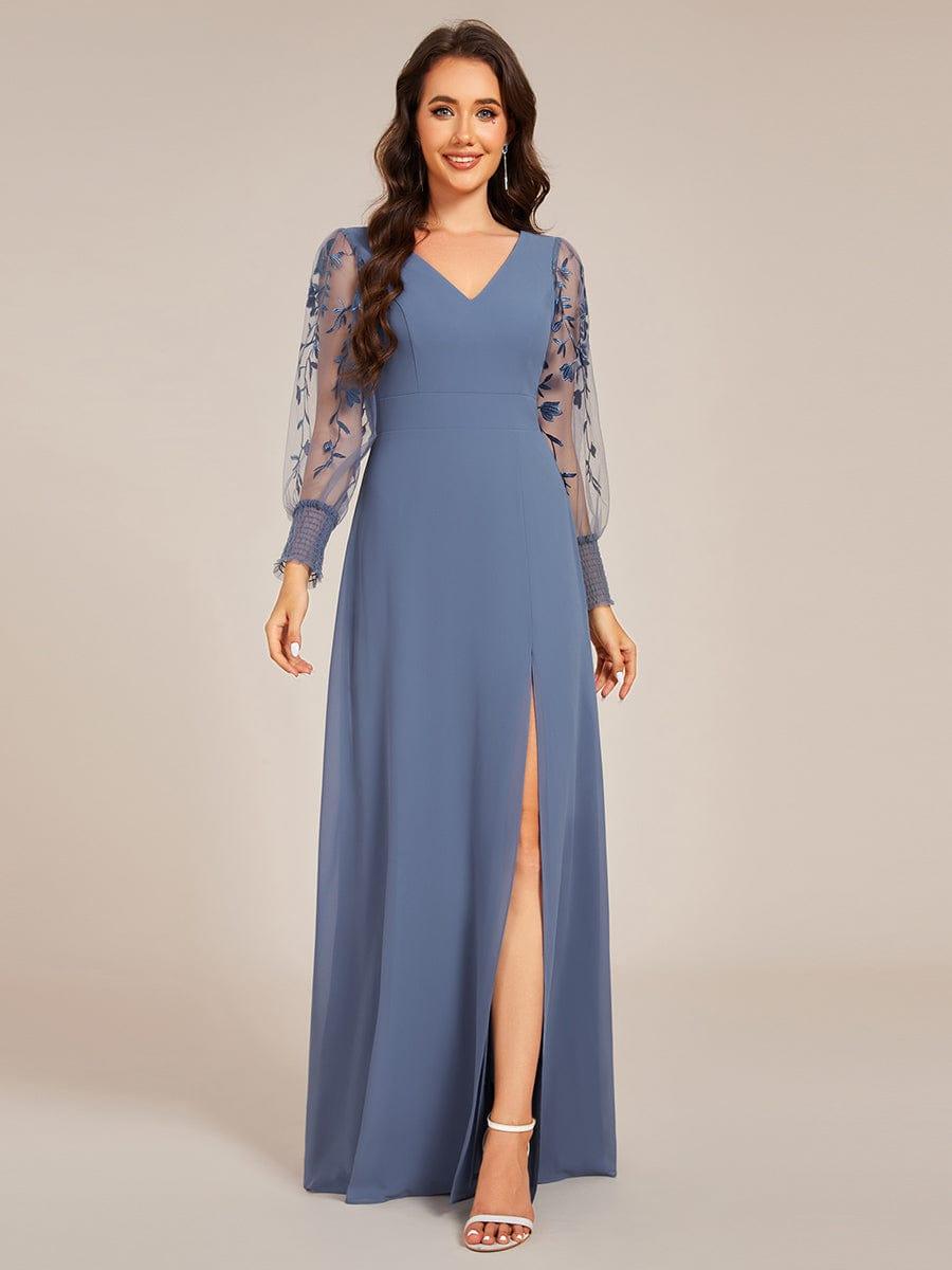Thigh Split Chiffon Evening Maxi Dress With Sheer Embroidered Long Sleeves #color_Dusty Blue