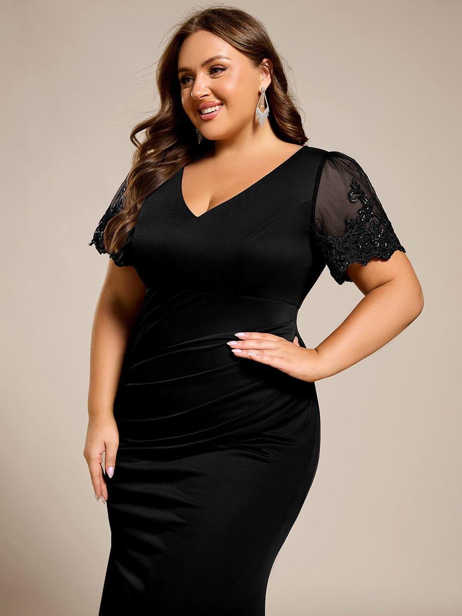 Plus Size Short Sleeve Ruffled Fishtail V-Neck Evening Dress #color_Black