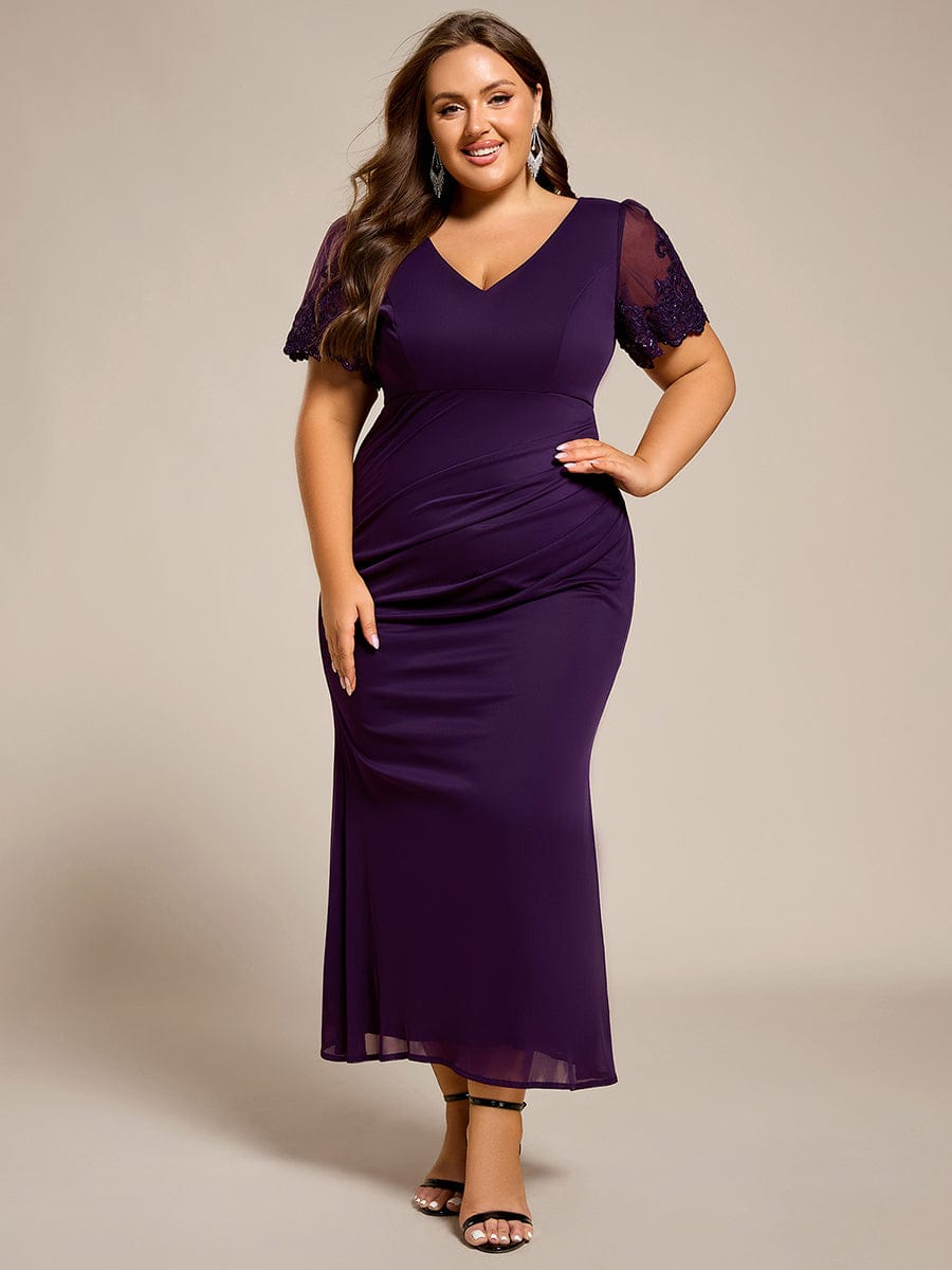 Plus Size Short Sleeve Ruffled Fishtail V-Neck Evening Dress #Couleur_Dark Purple