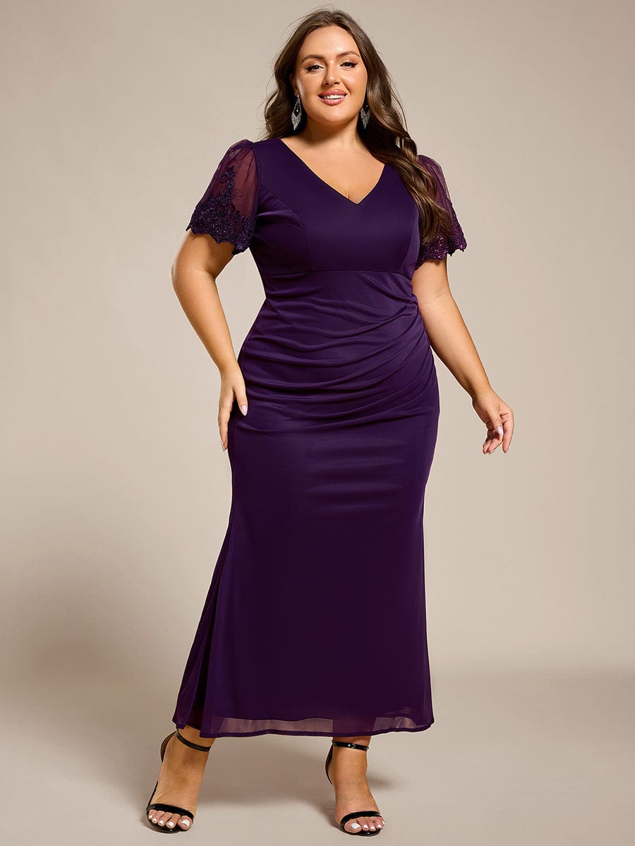 Plus Size Short Sleeve Ruffled Fishtail V-Neck Evening Dress #Couleur_Dark Purple