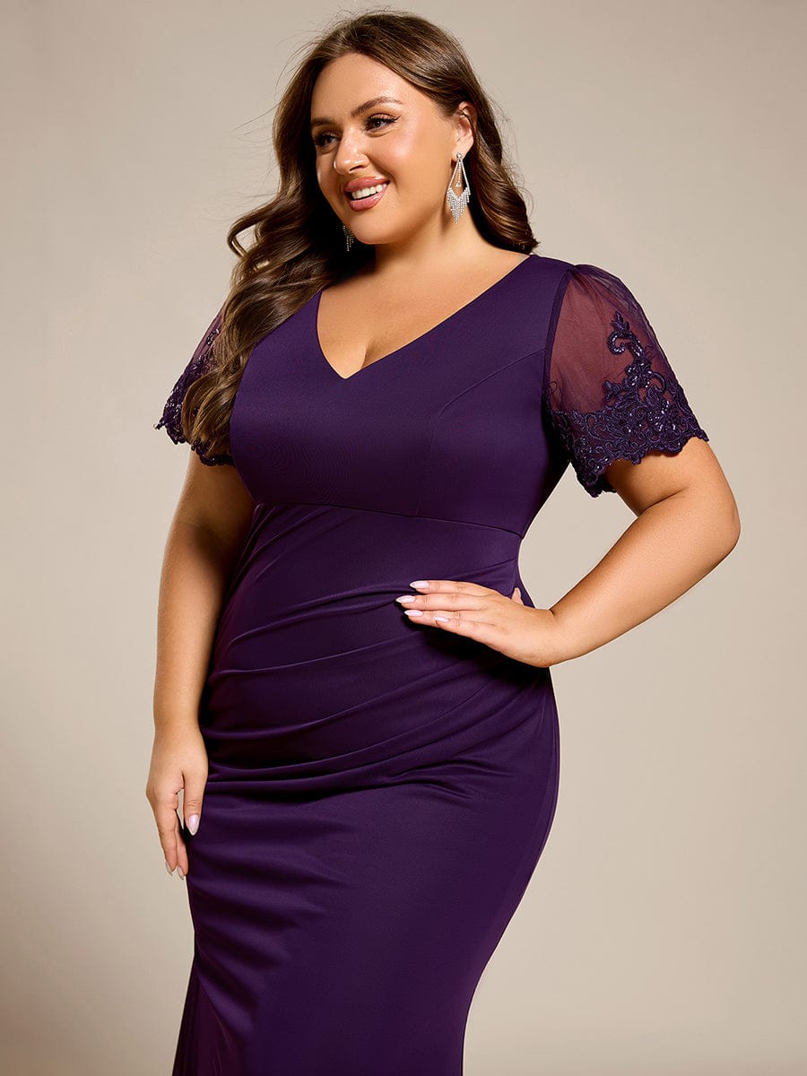 Plus Size Short Sleeve Ruffled Fishtail V-Neck Evening Dress #Couleur_Dark Purple