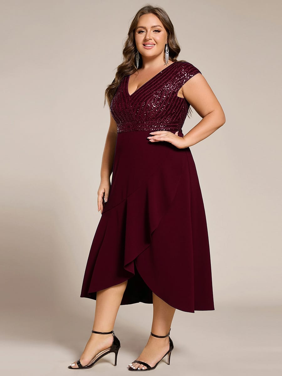 Short Sleeve Sequin Asymmetrical Chiffon Midi Evening Dress #color_Burgundy