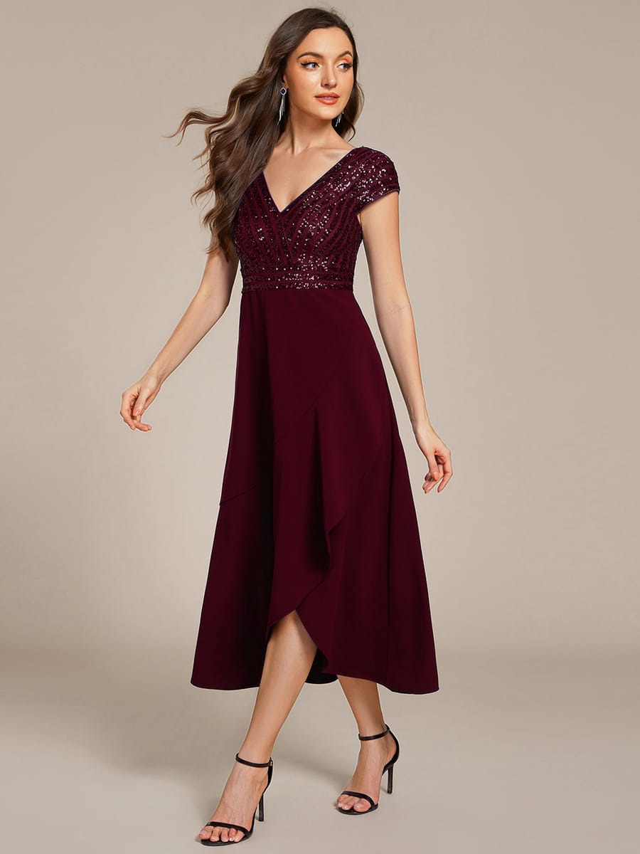 Short Sleeve Sequin Asymmetrical Chiffon Midi Evening Dress #color_Burgundy