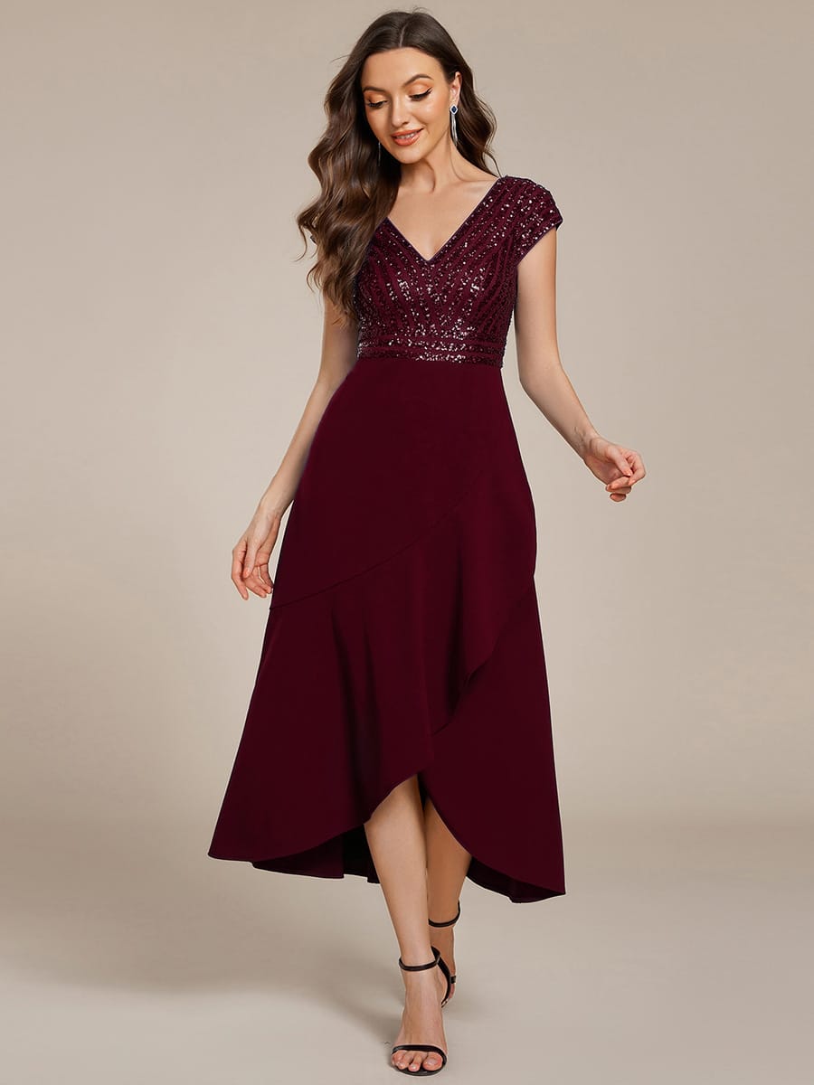 Short Sleeve Sequin Asymmetrical Chiffon Midi Evening Dress #color_Burgundy
