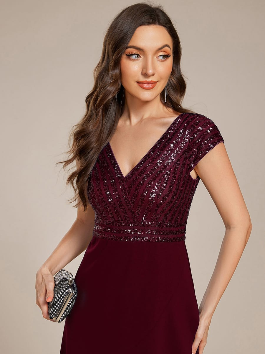 Short Sleeve Sequin Asymmetrical Chiffon Midi Evening Dress #color_Burgundy