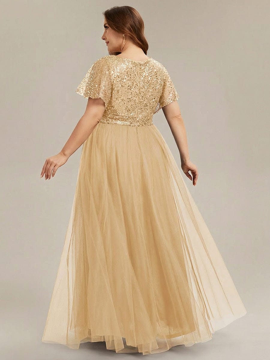 A-Line Short Sleeve Tulle Evening Dress with Sequin Embellishments #color_Gold