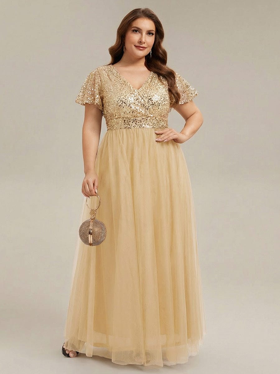 A-Line Short Sleeve Tulle Evening Dress with Sequin Embellishments #color_Gold