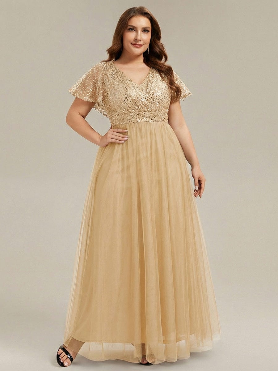 A-Line Short Sleeve Tulle Evening Dress with Sequin Embellishments #color_Gold