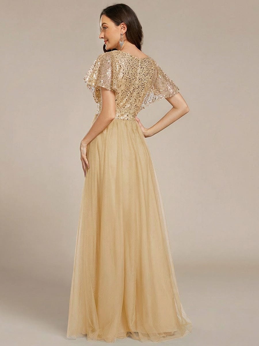 A-Line Short Sleeve Tulle Evening Dress with Sequin Embellishments #color_Gold