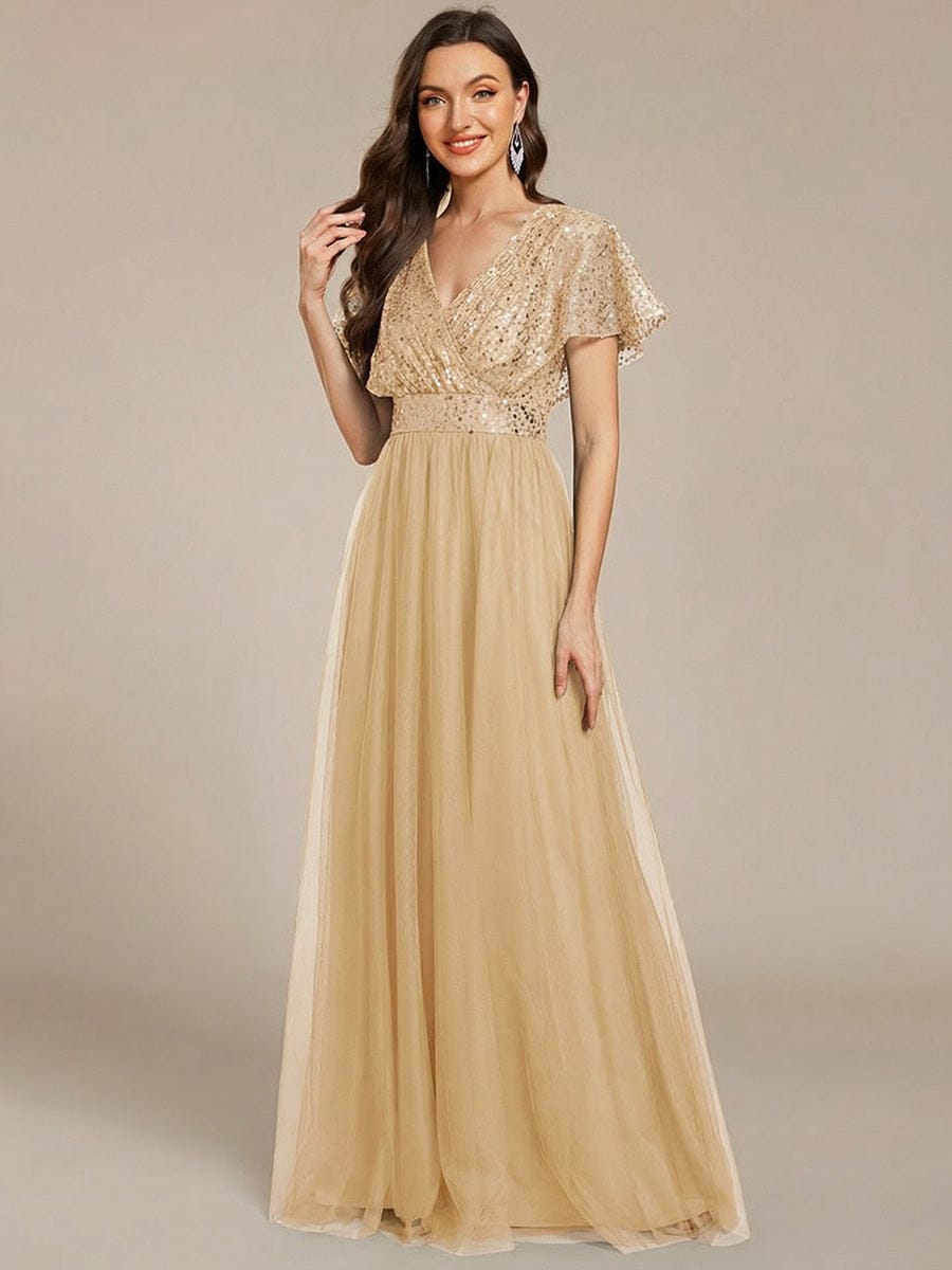 A-Line Short Sleeve Tulle Evening Dress with Sequin Embellishments #color_Gold