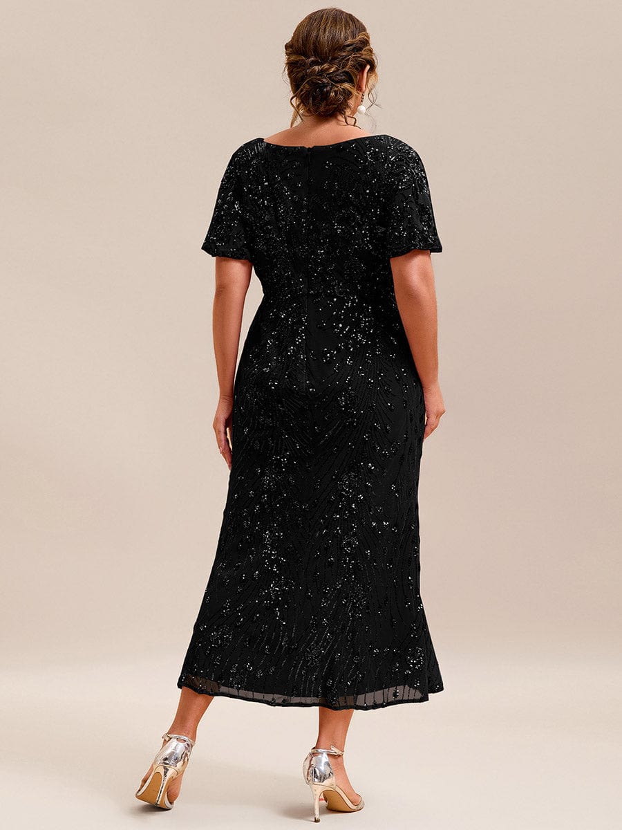 Sequin Ruffle Sleeve Evening Dress #color_Black