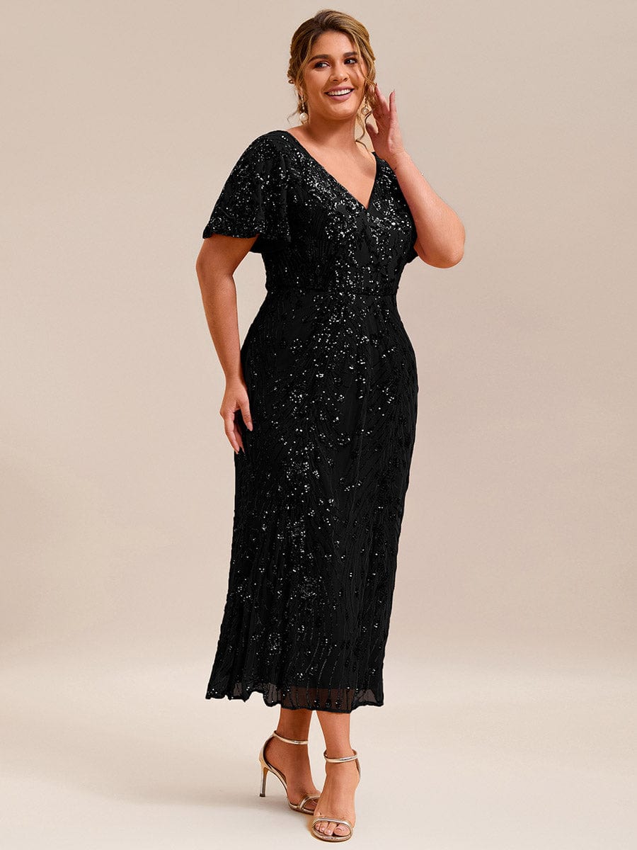 Sequin Ruffle Sleeve Evening Dress #color_Black