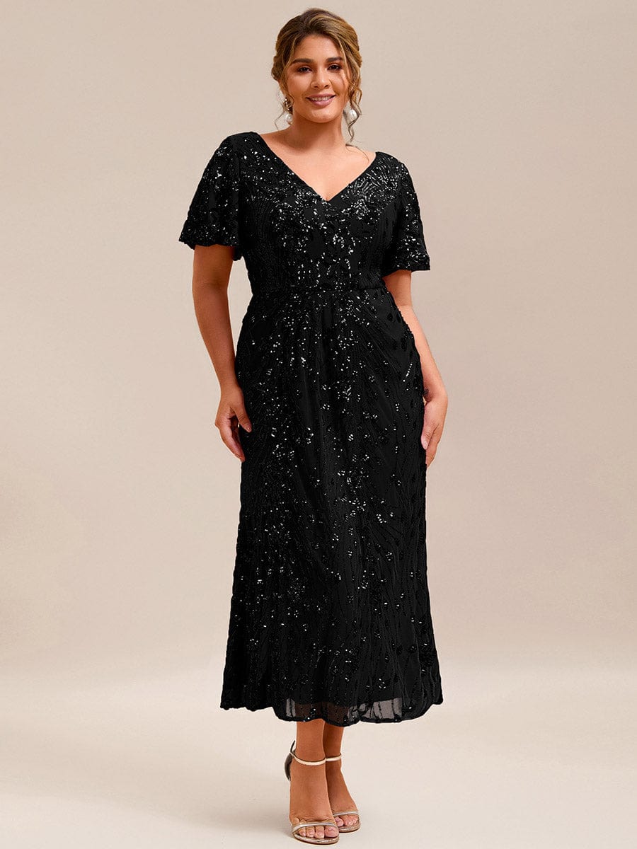 Sequin Ruffle Sleeve Evening Dress #color_Black