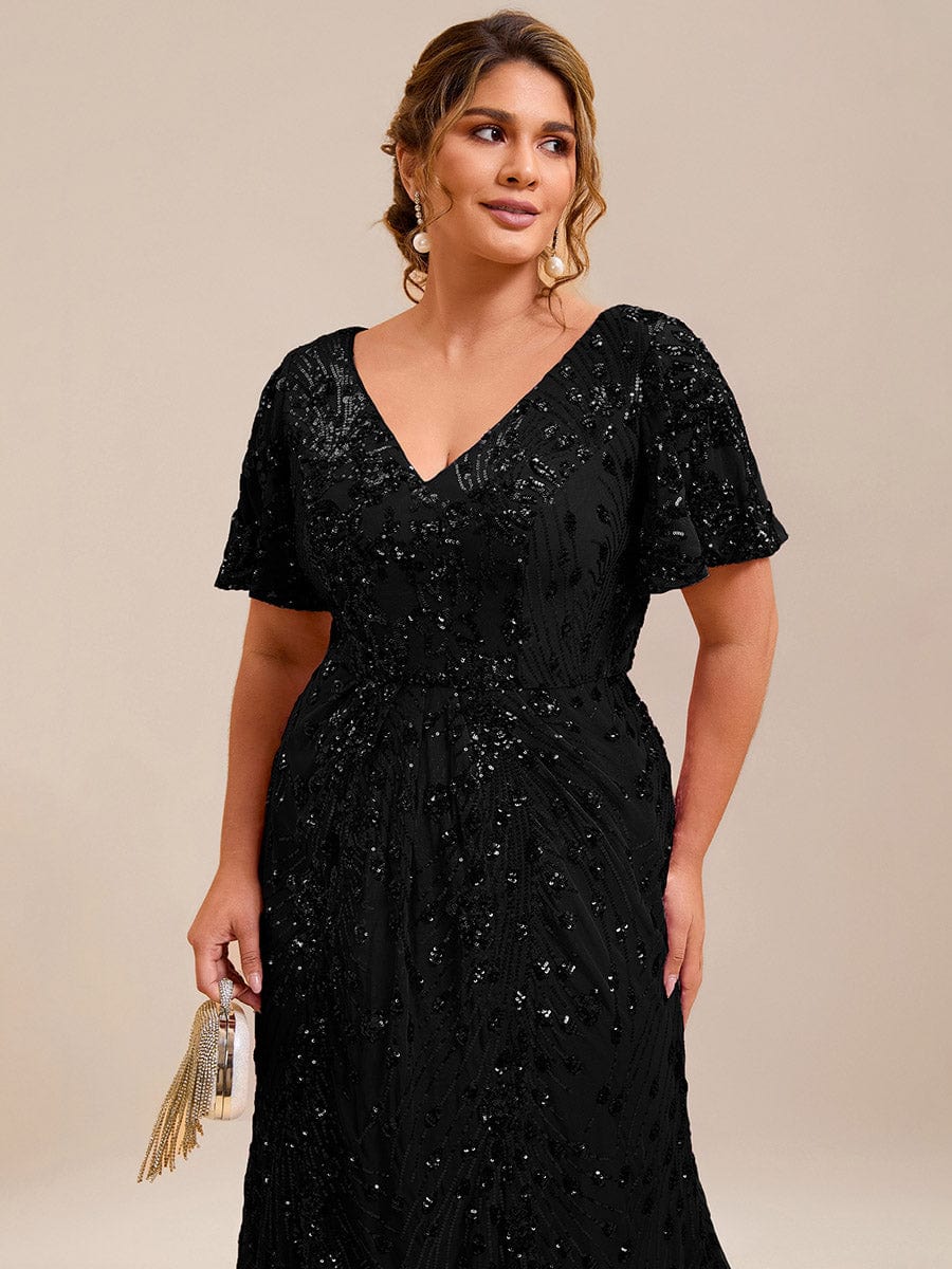 Sequin Ruffle Sleeve Evening Dress #color_Black