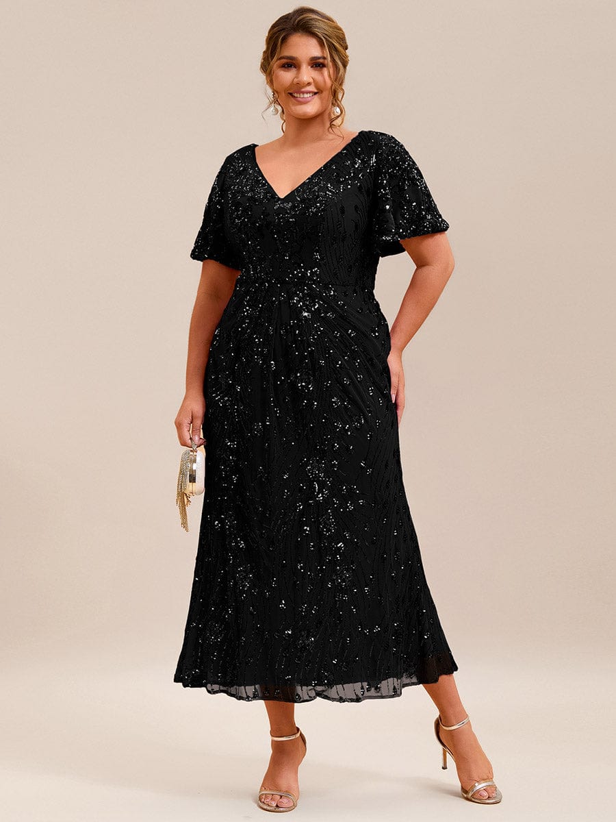 Sequin Ruffle Sleeve Evening Dress #color_Black