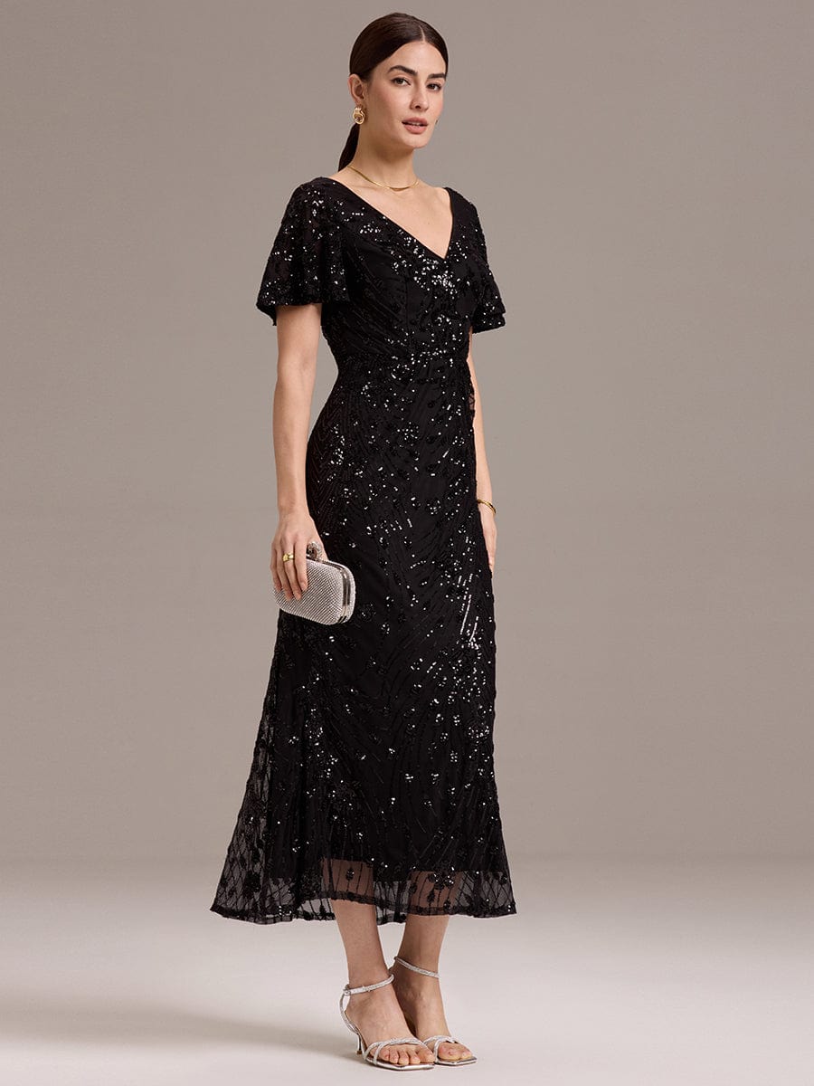 Sequin Ruffle Sleeve Evening Dress #color_Black