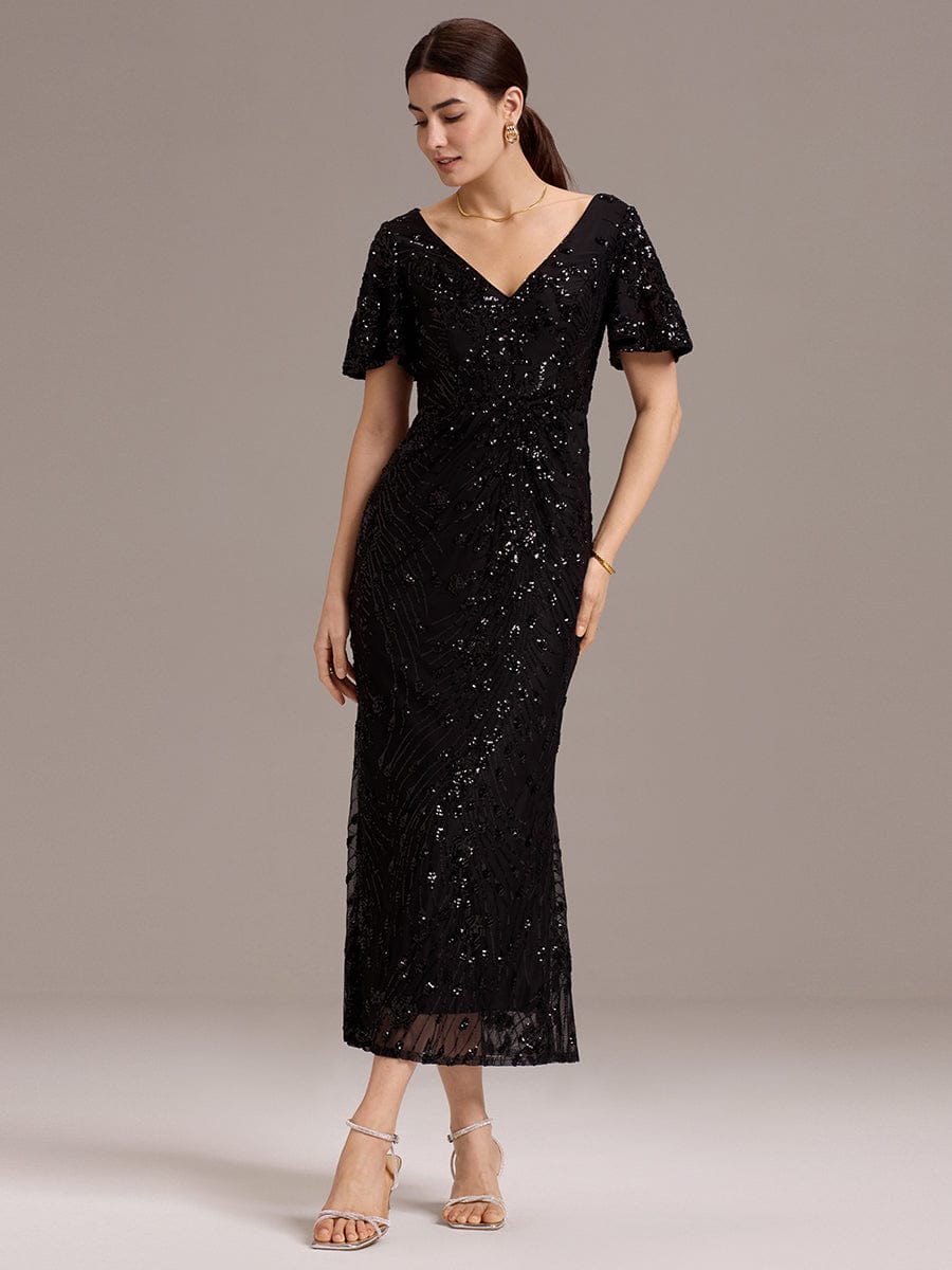 Sequin Ruffle Sleeve Evening Dress #color_Black