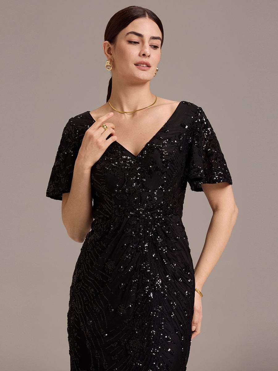 Sequin Ruffle Sleeve Evening Dress #color_Black