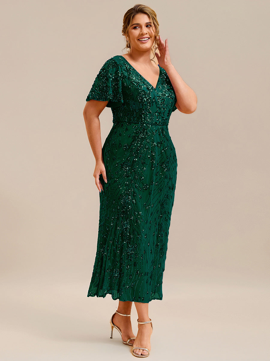 Sequin Ruffle Sleeve Evening Dress #color_Dark Green