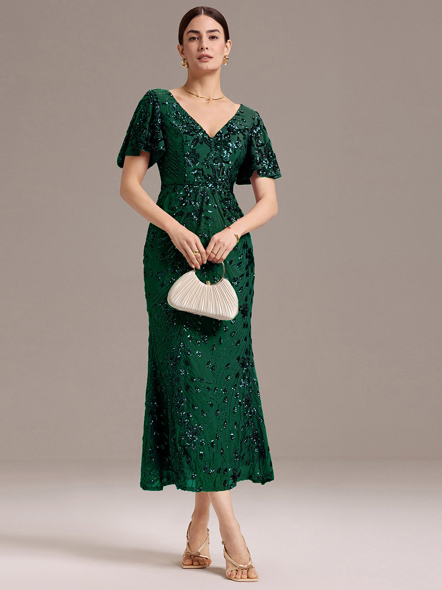 Sequin Ruffle Sleeve Evening Dress #color_Dark Green